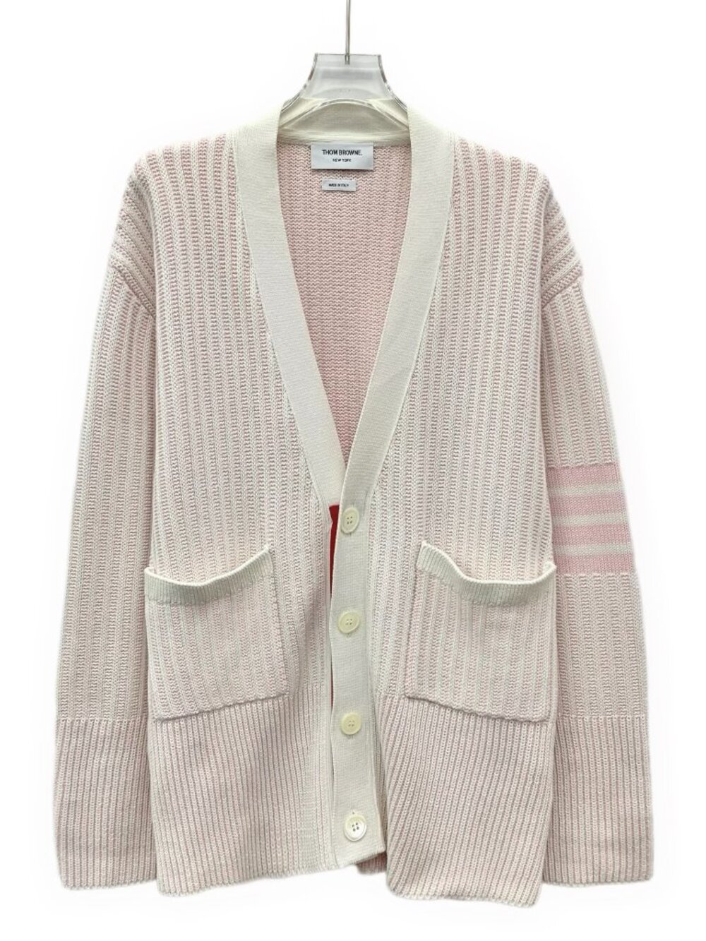 J30692 THOM BROWNE light pink classic four-bar cotton V-neck  S size 99 new